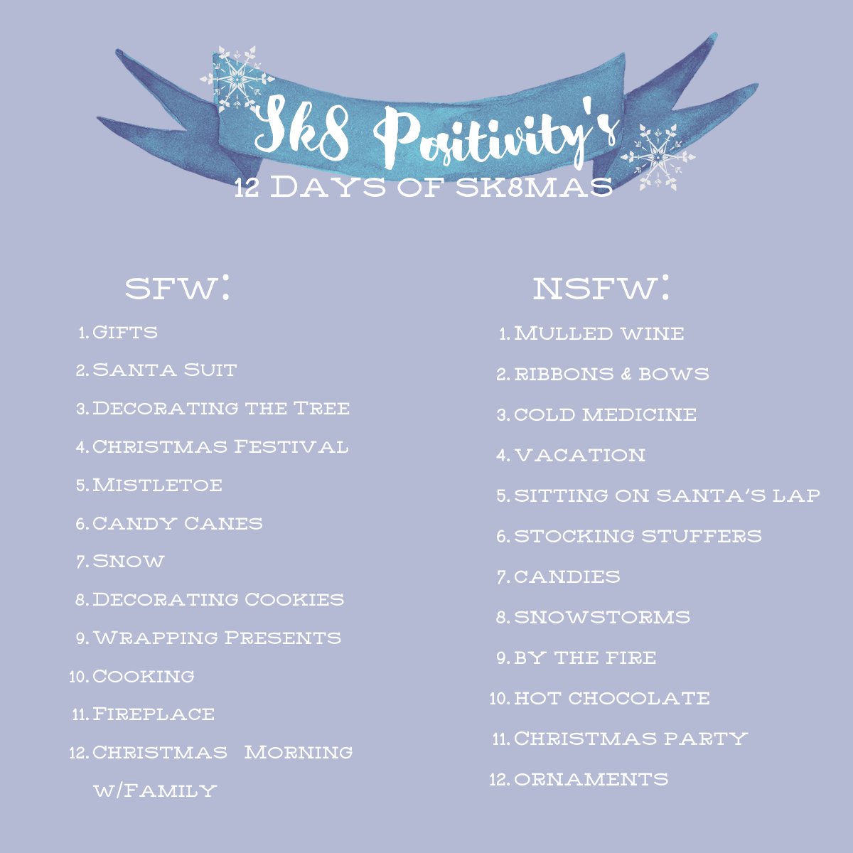 sk8positivity's tweet photo. We're happy to announce the 12 days of Sk8mas prompts!
Both SFW and NSFW that can be interchanged, mixed and matched or done in any order you'd like!
12 Days of Sk8mas starts on Dec 14th! make sure to tag us here or use the #12daysSk8mas! https://t.co/AdhqM8icHY