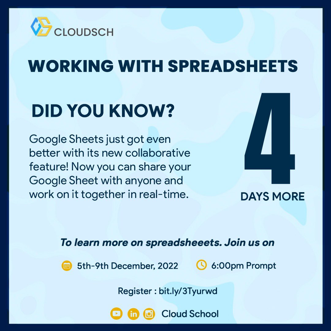 cloud_port's tweet photo. Interesting things to know!
Just 4 days to the start of Cloud School’s virtual class. Join and learn more about spreadsheets.

Register here: https://t.co/PuZwR3HlFM

#spreadsheets #training #didyouknow #cloud  #cloudschool #cloudport https://t.co/co4b2WG4EX