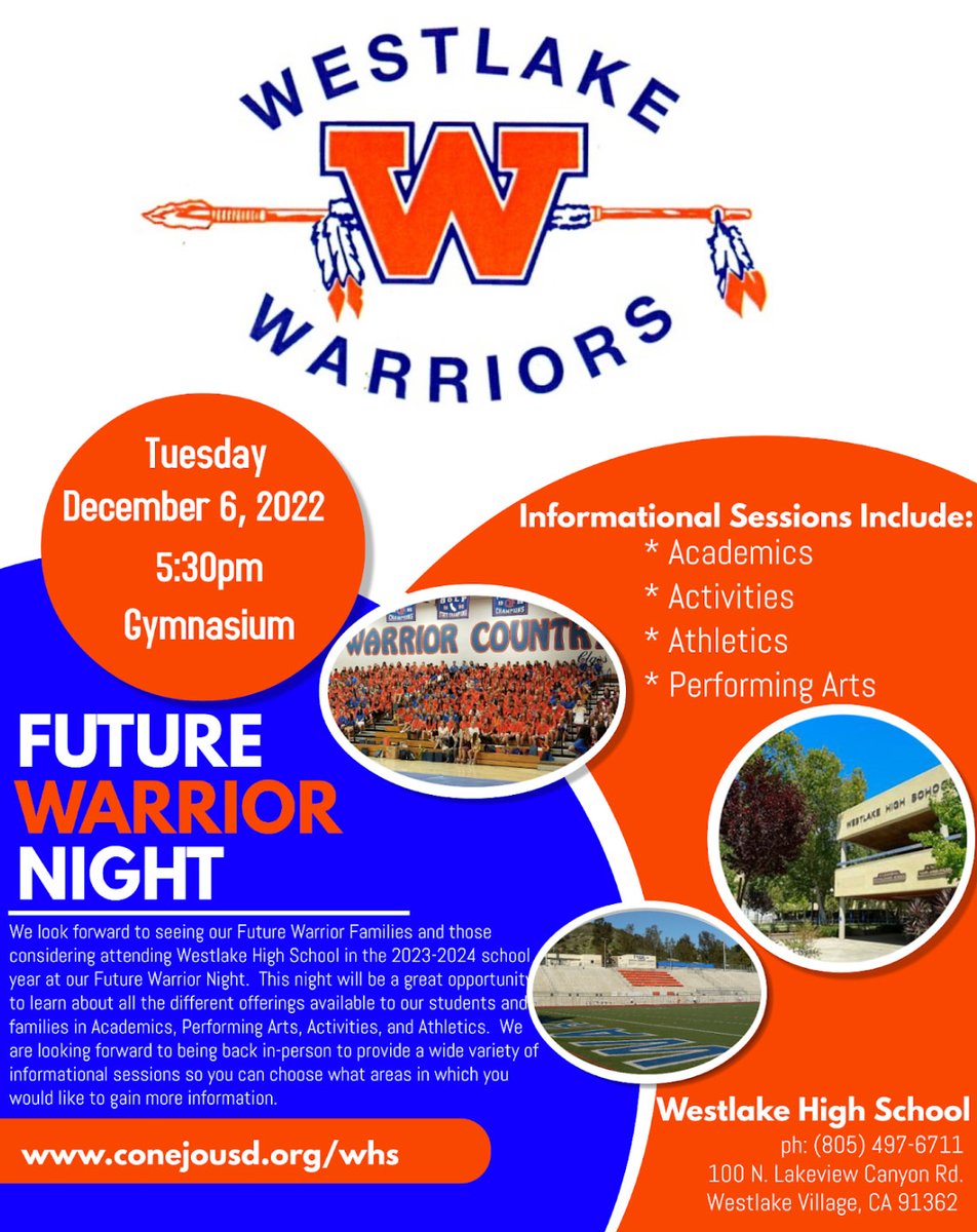Conejo Valley USD (@conejovalleyusd) on Twitter photo Save the Date: Future Warrior Night is Tuesday, December 6th at 5:30pm. This is a great opportunity for future & prospective Warrior scholars & families to learn more about award-winning <a href="/WestlakeHS_CA/">Westlake HS</a>. See the event schedule, here: conejousd.org/cms/lib/CA5001… Save the Date: Future Warrior Night is Tuesday, December 6th at 5:30pm. This is a great opportunity for future & prospective Warrior scholars & families to learn more about award-winning <a href="/WestlakeHS_CA/">Westlake HS</a>. See the event schedule, here: conejousd.org/cms/lib/CA5001…