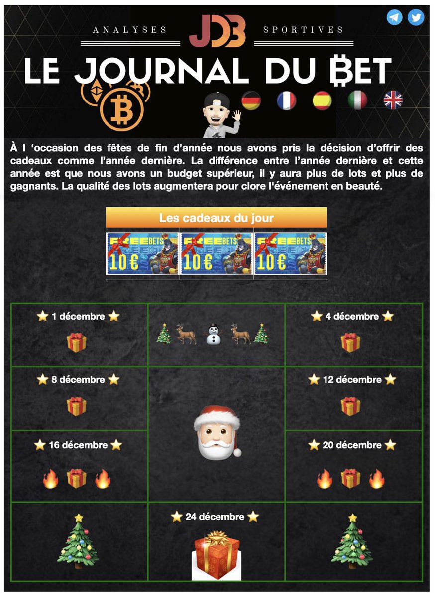 🎁 𝗟𝗲𝘀 𝗰𝗮𝗱𝗲𝗮𝘂𝘅 𝗱𝗲 𝗱𝗲́𝗰𝗲𝗺𝗯𝗿𝗲 🎁

🗓️ 1er décembre

30€ de #Freebets à se partager pour trois d’entre vous. 

👉🏻 𝐂𝐨𝐧𝐝𝐢𝐭𝐢𝐨𝐧𝐬 𝐑𝐓, 𝐥𝐢𝐤𝐞 &amp; 𝐟𝐨𝐥𝐥𝐨𝐰 

🗳️ TAS le 4/12 🍀