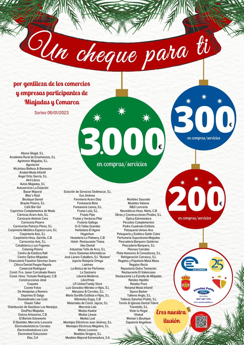 AcomicM's tweet photo. Comienza nuestra campaña navideña  🎄 "𝐔𝐧 𝐜𝐡𝐞𝐪𝐮𝐞 𝐩𝐚𝐫𝐚 𝐭𝐢", que premia las compras, consumo y servicios que se adquieren en los establecimientos participantes.
Eres nuestra ilusión
#ComprayConsumeLocalGanamosTodos
@MiajadasAyto @DiputacionCC @tsanchezpulido https://t.co/bBPfxPvJPK