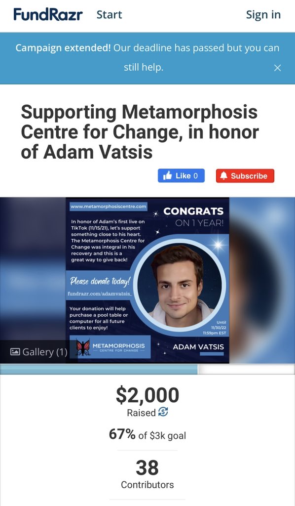 Adamversary's tweet photo. We fell short of our goal but still raised $2000 in honor of Adam for The Metamorphosis Centre for change. Money will be used to buy something for all future clients to enjoy. Well done and thank you to all who contributed. Your donations are very appreciated.@adamvo99 https://t.co/Dn1koBVtmJ