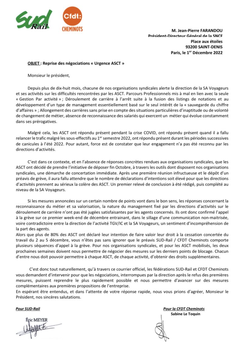 80% des ASCT ont déclaré leur intention de cesser le travail du 2 au 5 décembre.
<a href="/JPFarandou/">Jean-Pierre Farandou</a> intervenez pour que les négociations reprennent avec <a href="/SNCFVoyageurs/">SNCF Voyageurs</a> ! <a href="/Fede_SUD_Rail/">SUD-Rail Fédération ⏚</a> <a href="/cfdtcheminots/">cfdtcheminots</a> 
#UrgenceAsct #grevesncf #SNCF