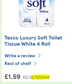 Whitehead_Maths's tweet photo. Are there any maths teachers out there brave enough to ask a class what they think the unit "/100sht" might mean in relation to toilet paper? #FEmaths https://t.co/dx3hZzzFni