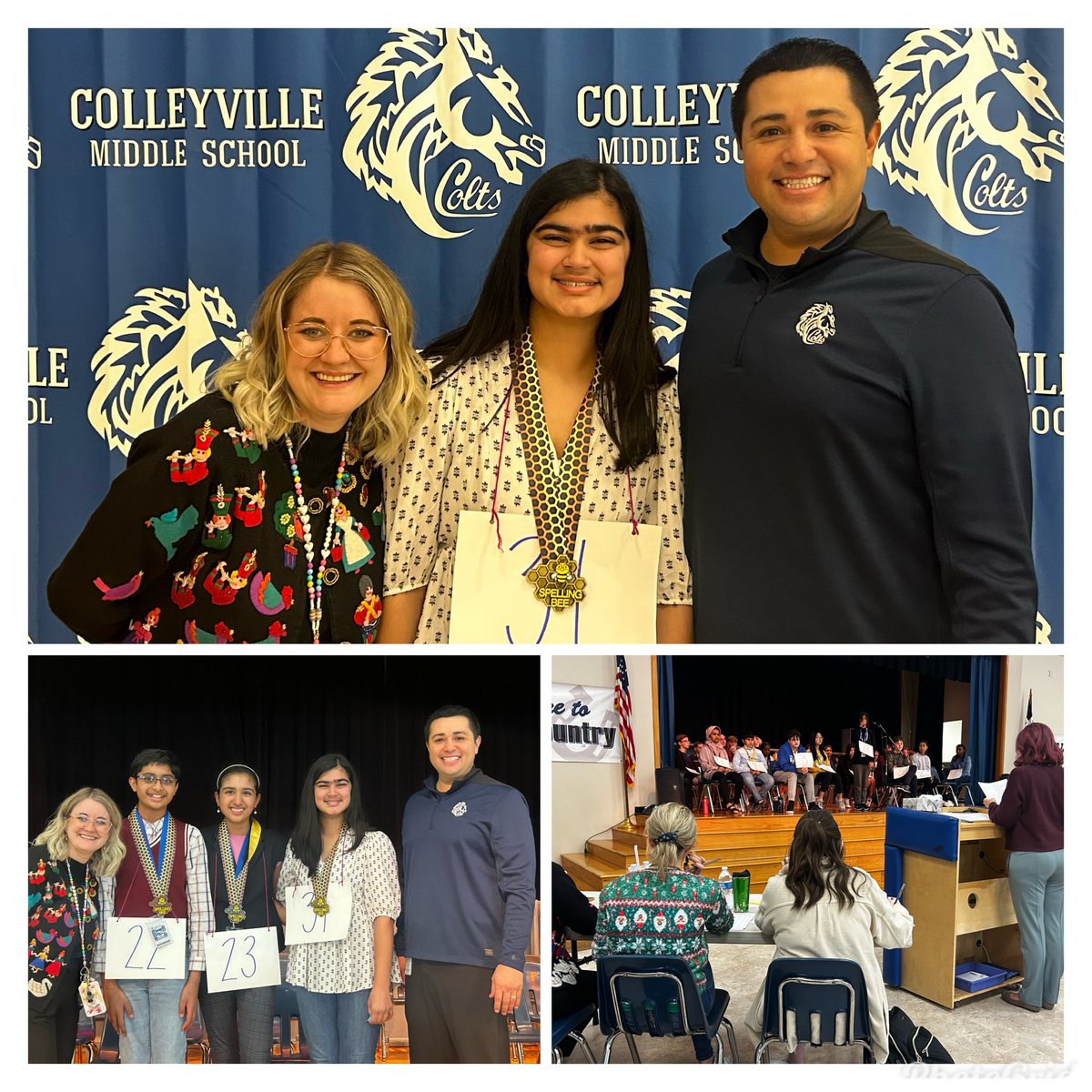 CmsColts's tweet photo. Congrats to Rifa T. who won our campus spelling bee today! 🐝 Congrats also to Ruhani N. who came in 2nd and Ritvick N. who came in 3rd. 

We are so proud of ALL of our Colt spellers today! 

We are so grateful to @kfitz_gcisd, our Spelling Bee Coordinator, and our @cmscoltsela! https://t.co/k6GSr0S1Zh