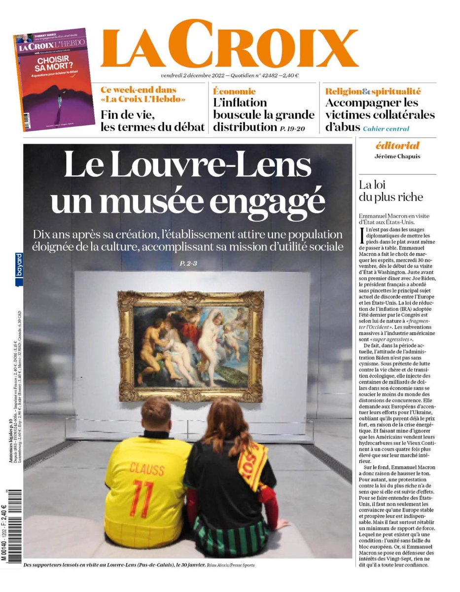 À la une de La Croix :

➡️ Le Louvre-Lens : un musée engagé
➡️ Accompagner les victimes collatérales d’abus
➡️ L’inflation bouscule la grande distribution