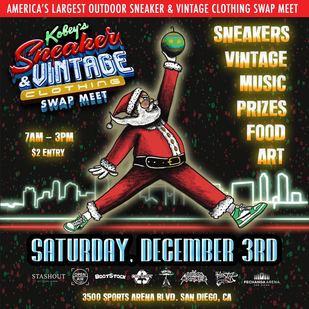 Saturday 12/3 Kobey's Sneaker &amp; Vintage Clothing Swap Meet! SNEAKERS &amp; VINTAGE! SKIP THE MALL &amp; HAVE A BALL at Kobey's! <a href="/RaoulMartinezTV/">Raoul Martinez</a> <a href="/fox5sandiego/">FOX 5 San Diego</a> #sneakerhead #sandiegoevents
