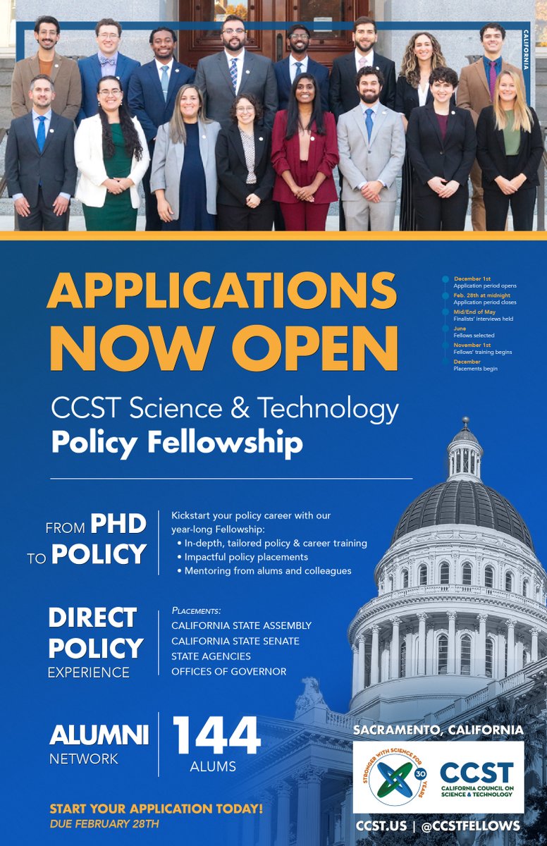 🚨: APPLICATIONS NOW OPEN 

From PhD to policy, kickstart your science policy career with a year of direct experience in the California State Senate, Assembly, State Agencies, &amp; Offices of the Governor.

Learn More:
ccst.us/applications-n…

#SciPolJobs #SciComm #SciPol #CAleg
