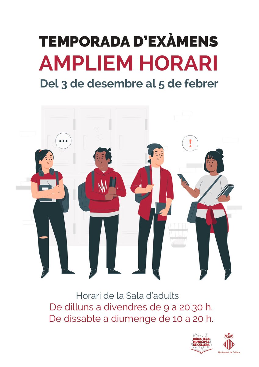 🔛⏰AMPLIACIÓ HORARI BIBLIOTECA MUNICIPAL

🗓Des del 3 de desembre i fins al 5 de febrer la Biblioteca Municipal de Cullera amplia l'horari de la sala d'adults.
👉Aquest horari serà el següent:
🗓De dilluns a divendres: ⏰de 9 a 20.30 h.
🗓Dissabtes i diumenges: ⏰de 10 a 20 h.