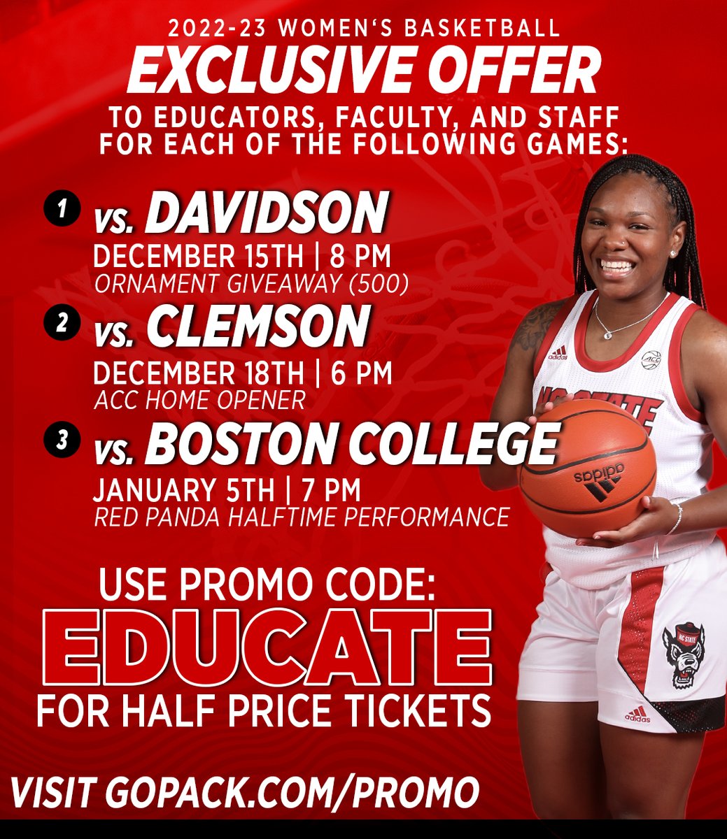 WolfpackAtWork's tweet photo. NC State staff and faculty can buy half-price tickets to see the Wolfpack women's basketball team play Davidson (Dec. 15), Clemson (Dec. 18) and Boston College (Jan. 5).  See the details below. Go Pack! https://t.co/wCuQF4vy1A