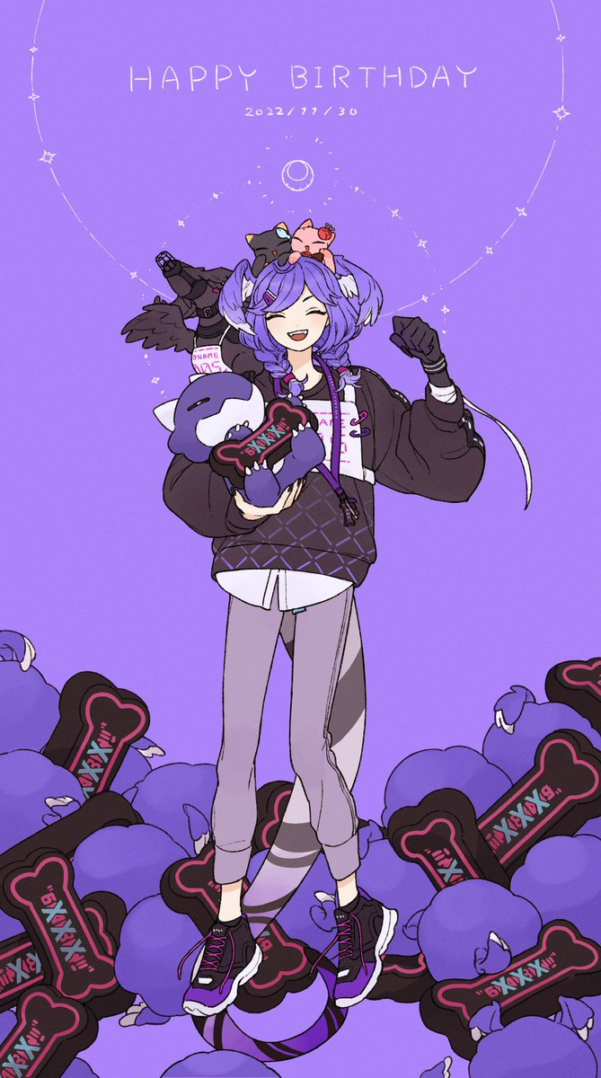 selen tatsuki 1girl happy birthday head wings twin braids sneakers braid purple background  illustration images