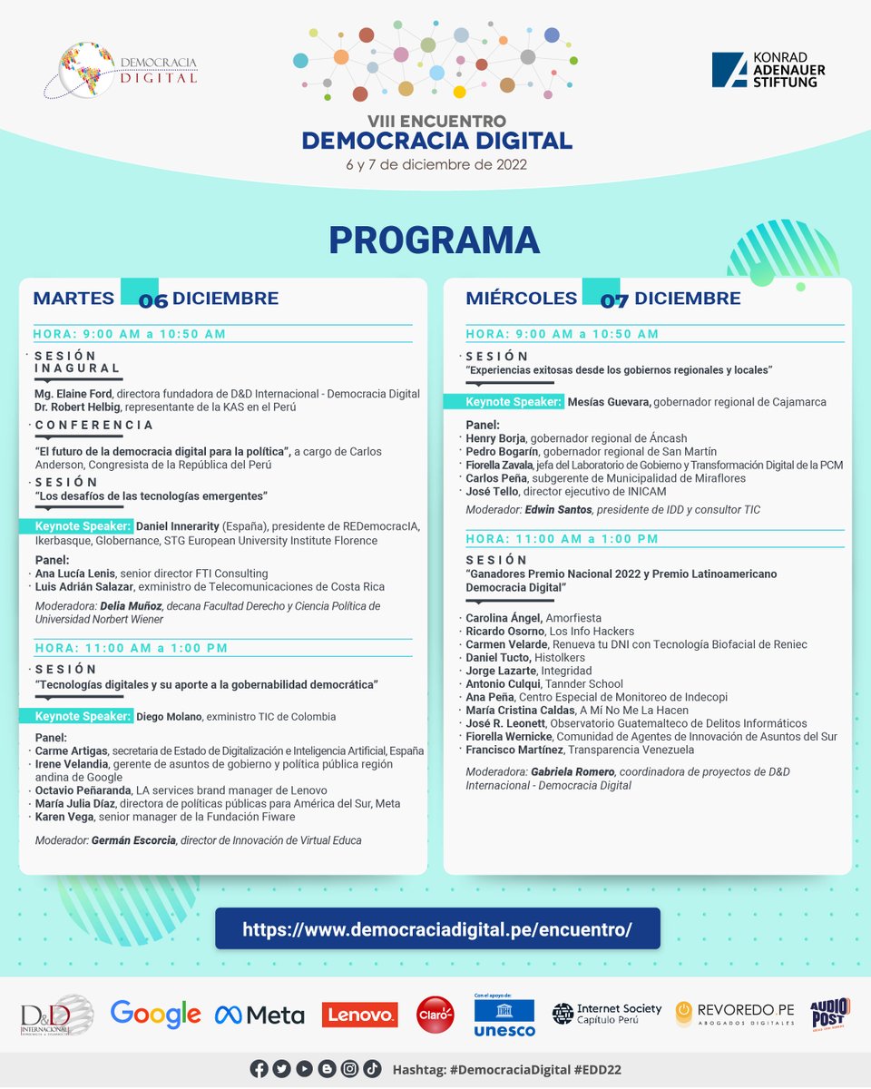 ddintorg's tweet image. 📣PROGRAMA: conoce las sesiones del VIII Encuentro Democracia Digital donde participarán más de 30 expositores de Latinoamérica y España. 
📆 6 y 7 diciembre 9:00 a 13:00 hrs (hora Perú -5:00 UTC)
Ingreso Libre, previo registro: democraciadigital.pe/encuentro/
#DemocraciaDigital #EDD22