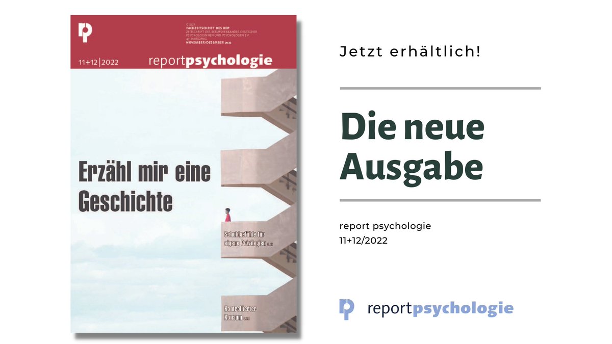 Die neue Ausgabe 11+12/2022 des report psychologie mit dem Schwerpunktthema „Erzähl mir eine Geschichte“ ist jetzt erhältlich. Laden Sie hier direkt das E-Paper herunter: psychologenverlag.de/Produkte/dCatI…