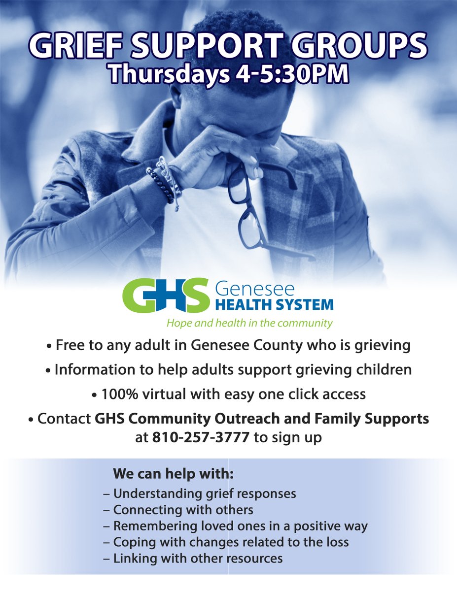 GenHealthSystem's tweet image. Grief is not linear. We understand that some days, weeks, and months are easier than others.

GHS has virtual Grief Support Groups available to any adult in Genesee County who is grieving. Thursdays from 4-5:30pm.

#griefsupport #virtualsupportgroup #community