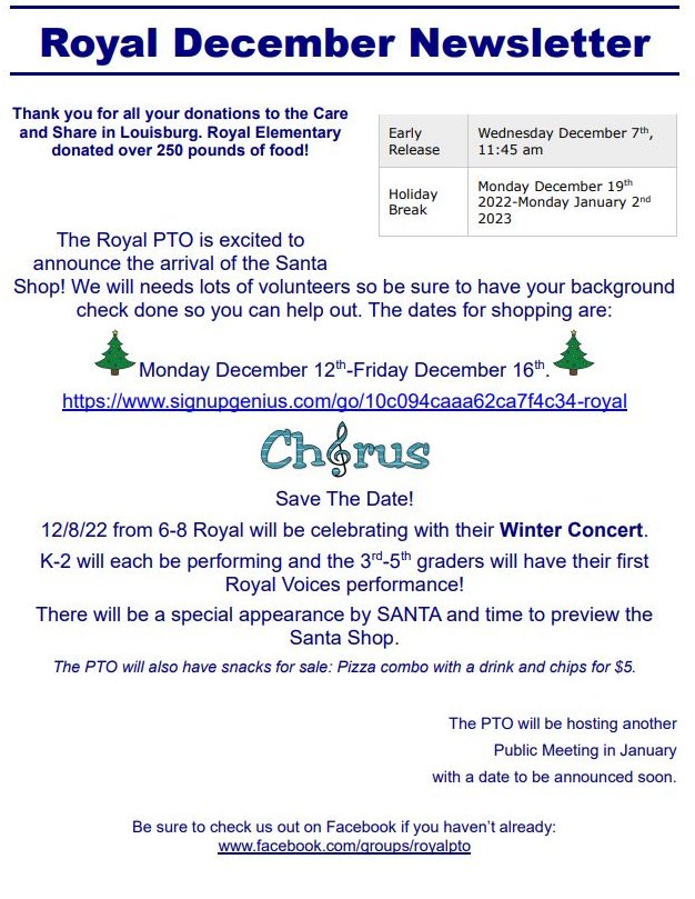 Here is the Royal Elementary PTO's December Newsletter. If you would like to Volunteer for our Santa Shop please complete the sign up form below.
signupgenius.com/go/10c094caaa6…

Also follow our PTO on facebook @ facebook.com/groups/royalpto