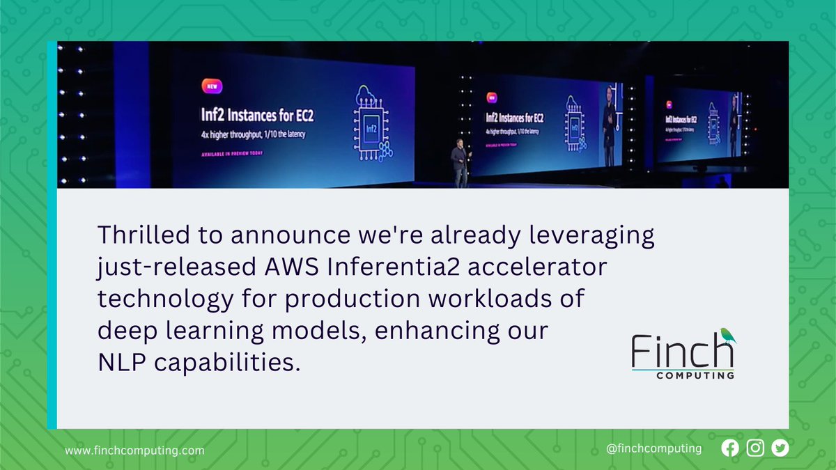 FinchComputing's tweet image. As early adopters of AWS Inf2 accelerator technology, we’re bringing even more complex, more accurate and faster results to customers. Learn more at finchcomputing.com/2022/11/30/fin…