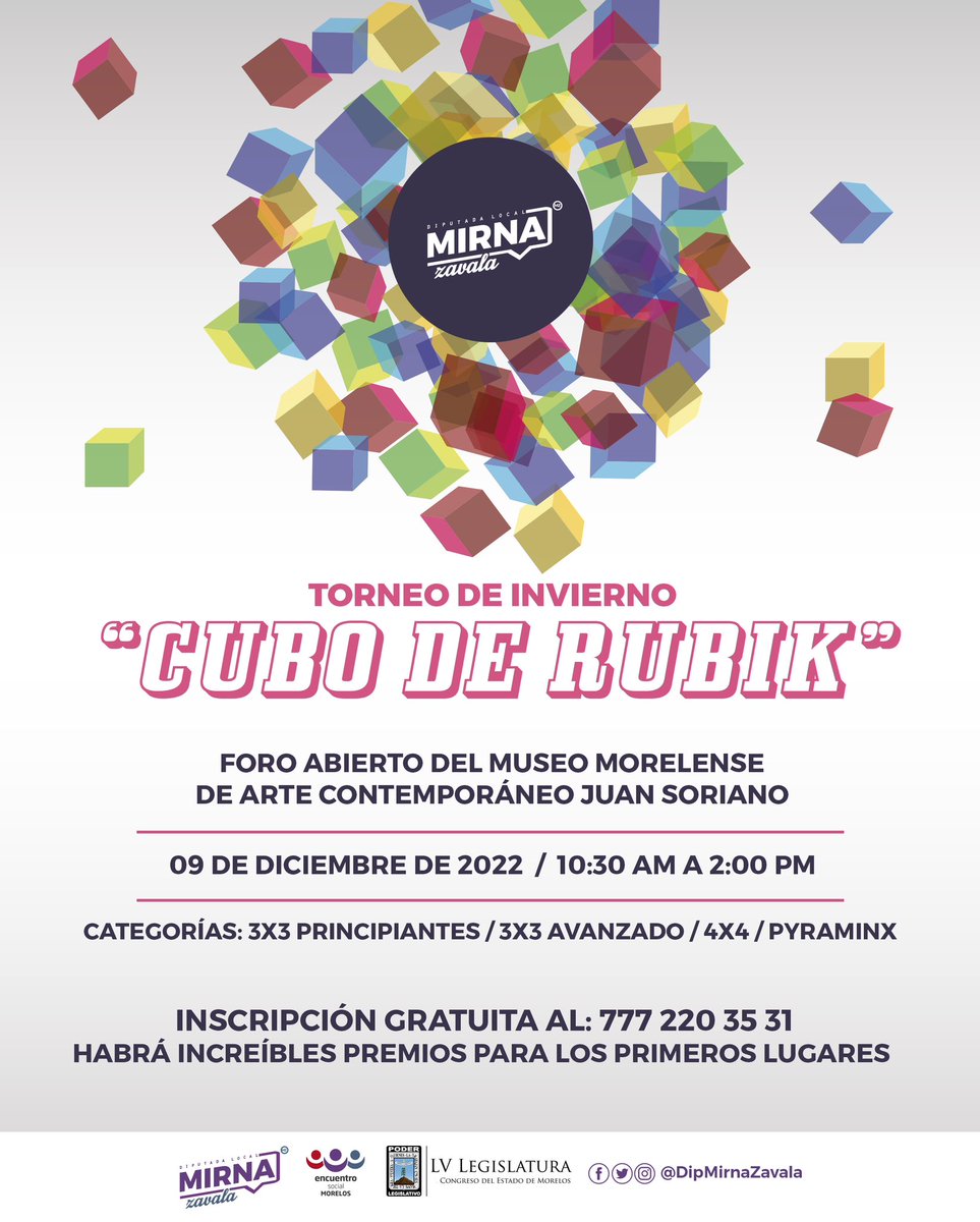 mirnazavala_'s tweet photo. Torneo de invierno “Cubo de Rubik”
¿Te gustan los #CubosDeRubik y tienes talento para armarlo? tienes que inscribirte al torneo.
Son 4 categorías; habrá premios a los ganadores.
INSCRIPCIÓN GRATUITA AL: 777 220 3531
🗓️ 09 de diciembre
🕦 10:30 am a 2:00 pm
📍 MMAC Juan Soriano https://t.co/6PayCZ4hNR