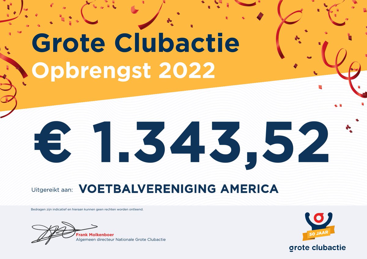 De spelers van America 1 hebben goed hun best gedaan met het verkopen van de loten voor de Grote Clubactie. Zie hier het resultaat!
Alle deelnemers: hartelijk dank. Op 7 december wordt de trekkingsuitslag bekend gemaakt.
#vierhetsucces
