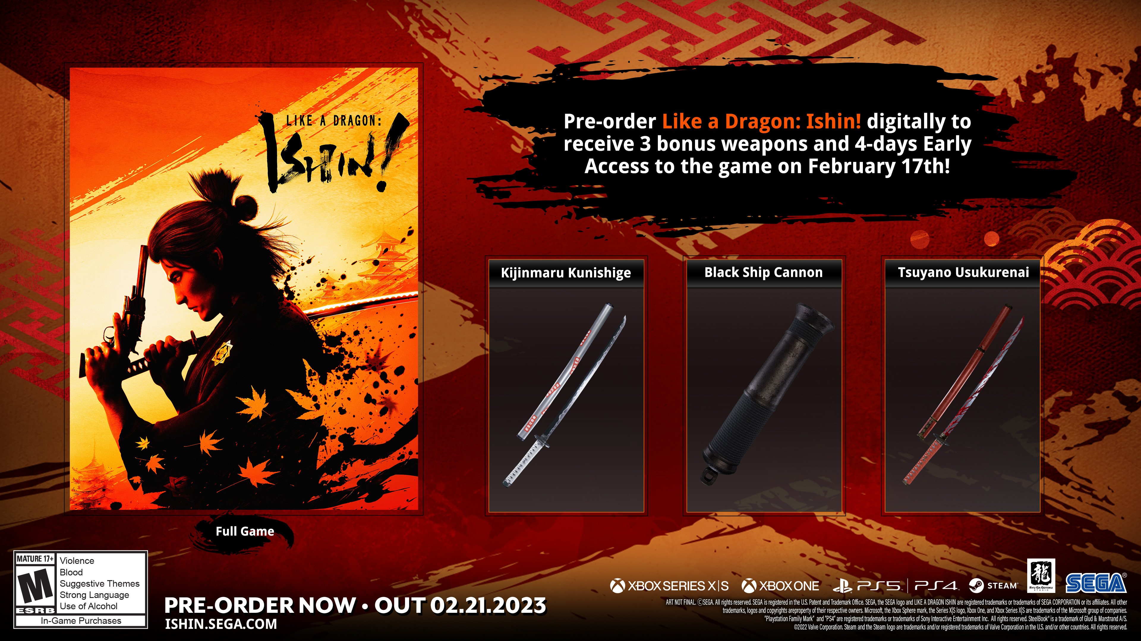 Image of Like a Dragon: Ishin's keyart along with three weapons that players will receive by pre-ordering digitally. A Kijinmaru Kunishige Sword, a Black Ship Cannon, and a Tsuyano Usukurenai Sword.