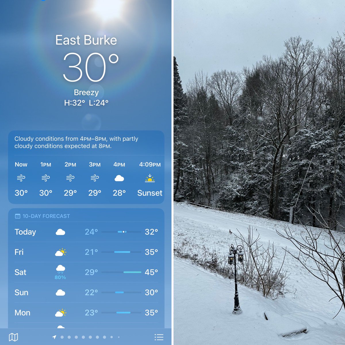 edeldotflnance's tweet photo. Anyone know an accurate weather forecast site for @skiburke?  According to Apple Weather it’s sunny and breezy whereas it’s actually cloudy and snowing! https://t.co/uT3qTHmJ8R