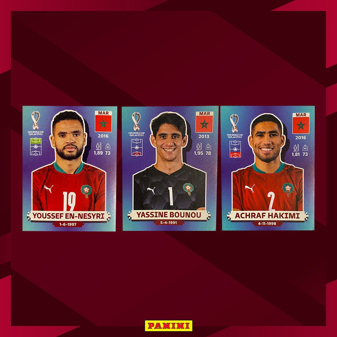 panini_espana's tweet photo. 🇲🇦 ¡Marruecos se mete en los octavos de final del Mundial por primera vez desde 1986! #Qatar2022 https://t.co/CJ9tJl8v4P