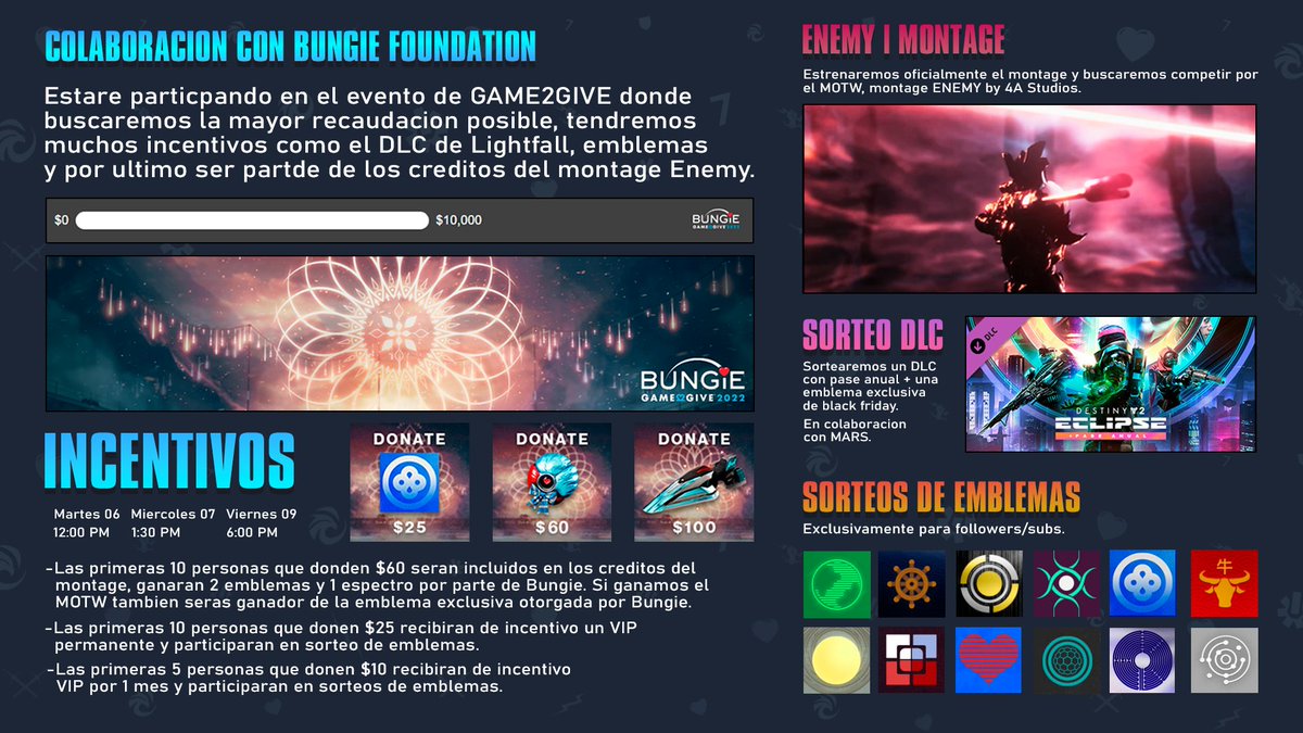 Muy feliz de anunciar mi participacion en el GAME2GIVE gracias a Bungie. Estare recaudando fondos para <a href="/BungieLove/">Bungie Foundation</a> donde estare ofreciendo muchos incentivos para ustedes.

Puedes comenzar apoyar mi recudacion desde ya, los premios seran entregados desde el 06 de Diciembre.