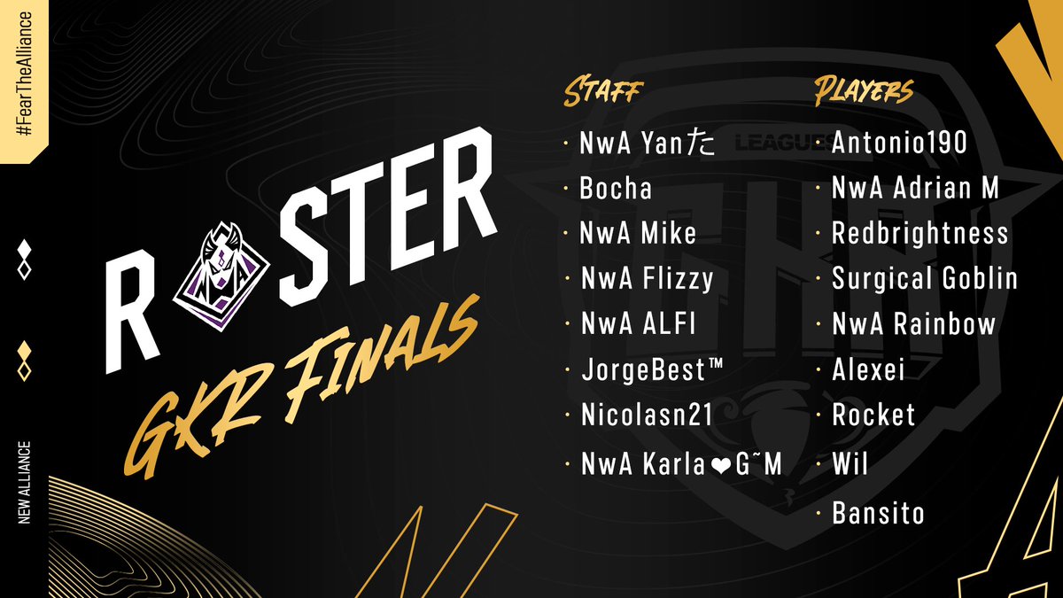 #GKR • Roster

Nos hemos preparado de la mejor manera para una de las mejores competencias actualmente.

No te pierdas ninguna transmisión ¡contamos con tu apoyo!

Estos serán los jugadores que estarán llevando nuestros colores a las finales de <a href="/GkrLeagues/">GKR – Gold Edition</a> 

#FearTheAlliance💜