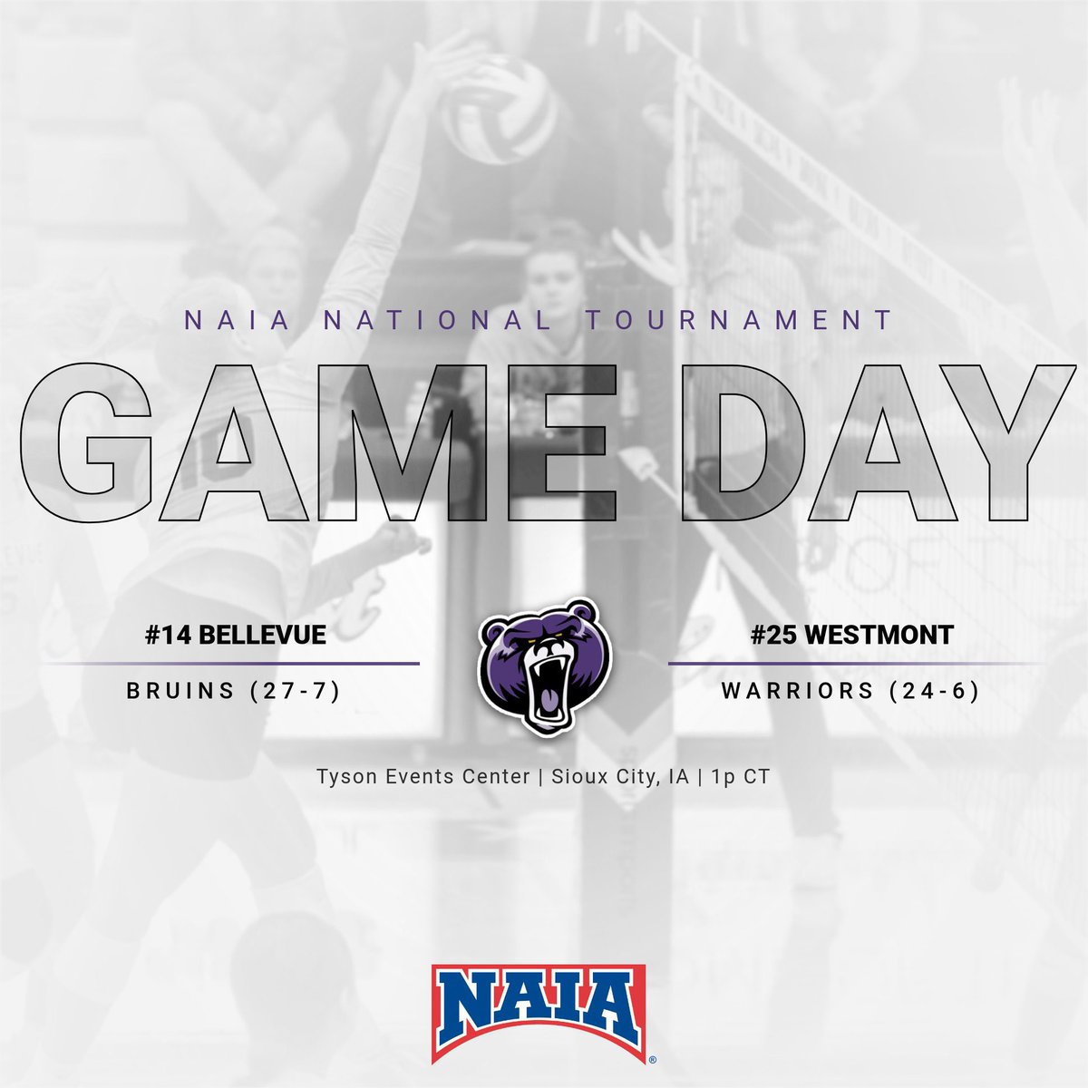 …Are you ready for it? 🫵

It’s finally GAME DAY in Sioux City as Bellevue opens its NAIA national tournament campaign against Westmont at 1PM at the Tyson Events Center. 💜
