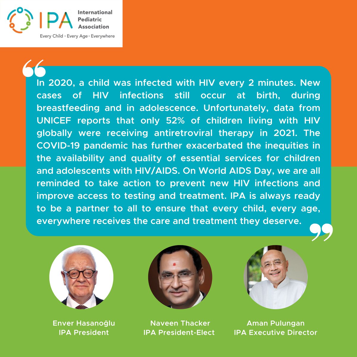 IPAWorldorg's tweet photo. As we commemorate World AIDS Day on 1 December 2022, the International Pediatric Association joins WHO, UNICEF and our partners globally to raise the awareness about HIV/AIDS.
#IPA #WorldAIDSDay #EnverHasanoglu https://t.co/wlkefJsvxj