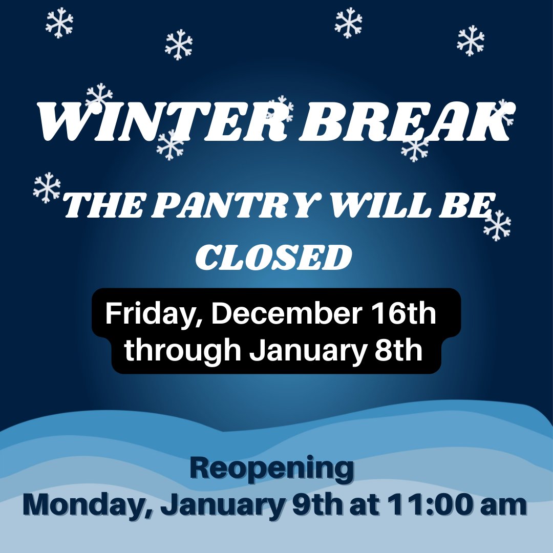 WMUInvisibleNP's tweet image. The WMU on-campus food pantry will  be closed during Winter Break from Friday, December 16th through Sunday, January 8th. The pantry will re-open for the Spring Semester on Monday, January 9th at 11:00am.