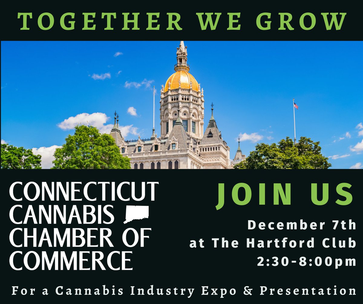 On 12/7, CT Cannabis Chamber of Commerce is hosting an industry-wide Expo and Presentation at the <a href="/hartfordclub/">The Hartford Club</a> from 2:30PM-8:00PM. There is still time to get your tickets or purchase a booth, but don't wait because they are moving fast! 

ctcannabischamber.org/event-details/…
