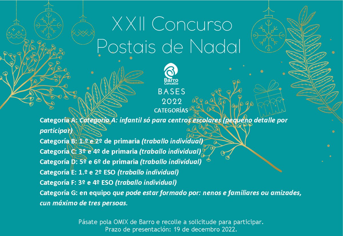 OMIXBARRO's tweet photo. 📣Xa está aquí o “XXII Concurso de Postais de Nadal”.
⭐️BASES https://t.co/wcXxyoNEZx
⭐️SOLICITUDE 
As postais virán acompañadas dunha solicitude que poderán descargar na páxina web https://t.co/wHylHBRKUY ou solicitar na OMIX de Barro.
 ⭐️PRAZOS
Ata o 19 de decembro de 2022 https://t.co/cBG7GppXC3