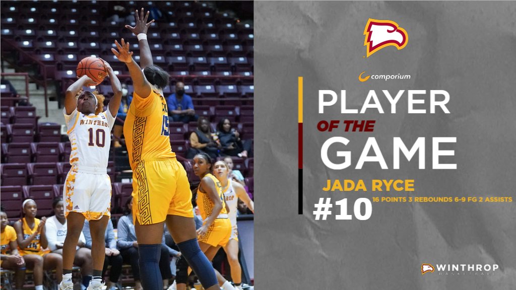 Congrats to Jada Ryce on being named the <a href="/comporium/">Comporium</a> Player of the Game for her performance vs. UNCW on the road! This is her second POTG award in a one-week span! #ROCKTHEHILL #BigSouthWBB