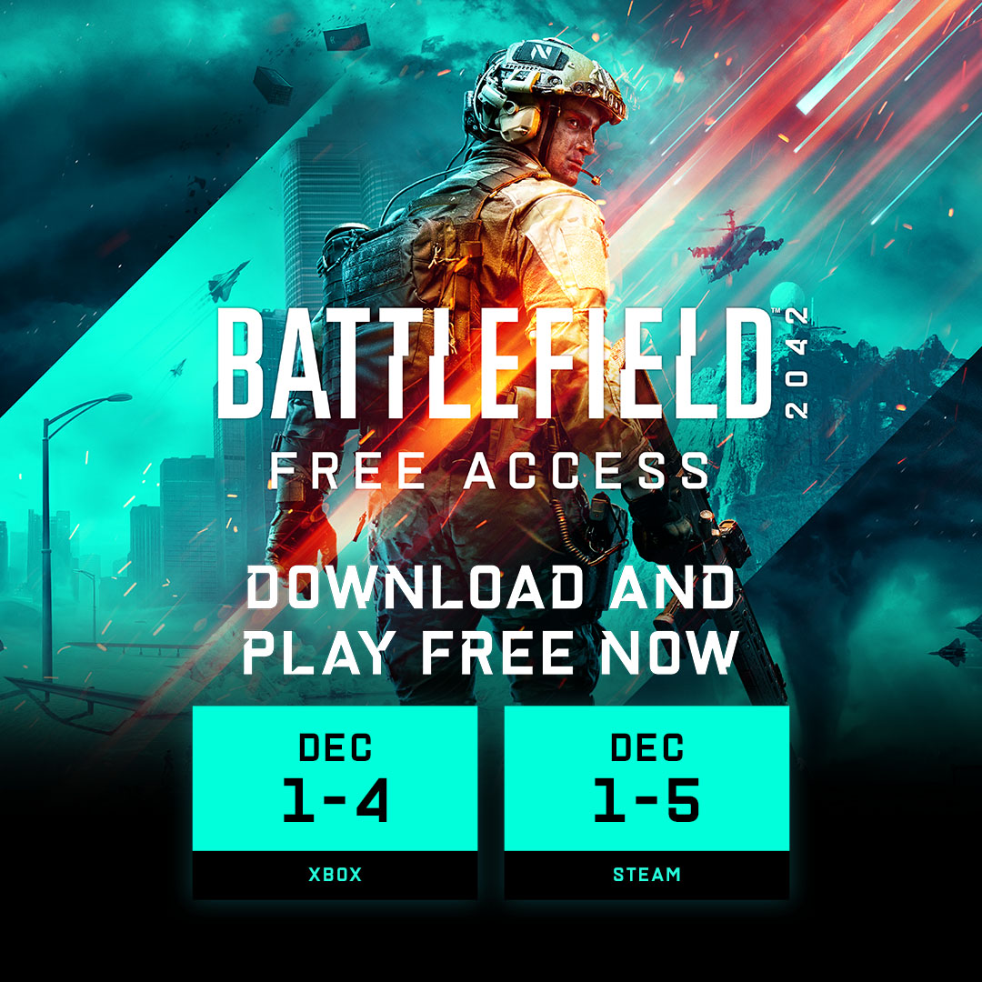 Calling all PC and Xbox players, gather your squad, download #Battlefield 2042, and play free! 🗺️ Play on all maps 🔫 Unlock weapons and gadgets 🎮 All-Out Warfare, Battlefield Portal, & Hazard Zone ⚫️ Steam: Dec 1-5 🟢 Xbox: Dec 1-4