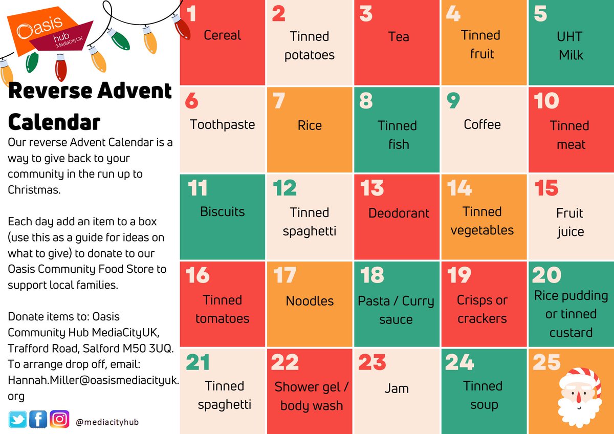 mediacityhub's tweet photo. This #Advent we’re doing something a bit different; instead of receiving chocolate each day, we’re giving a little something instead to a #ReverseAdventCalendar to support our #CommunityFoodStore. Could you do this too with family or work?
#Salford #Ordsall #MediaCityUK #OasisUK https://t.co/khqE5EcJej
