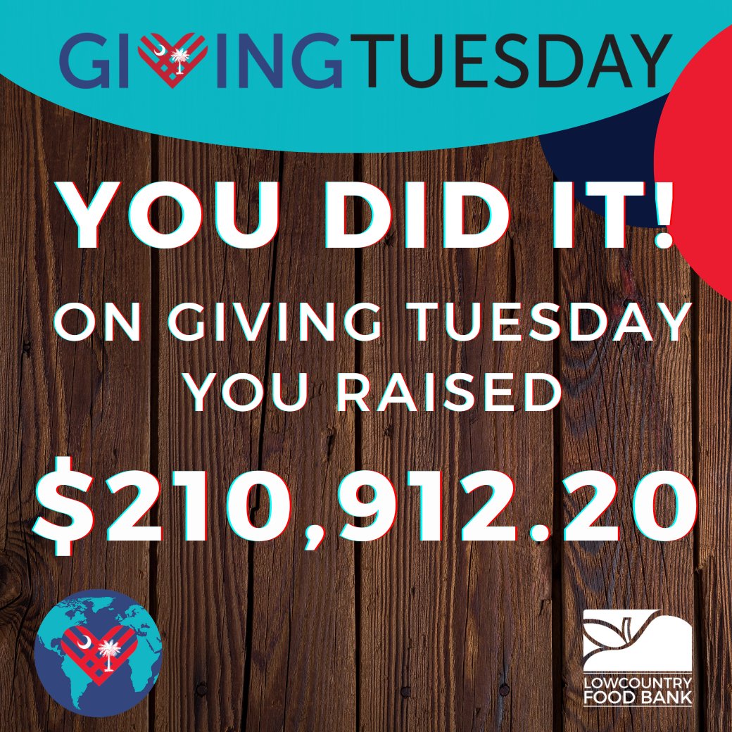 YOU DID IT!  🎉 On #GivingTuesday you raised $210,912.20 to help us feed our community! We are so grateful and humbled by your support and participation in the largest online one-day giving campaign. #ThankfulThursday #FeedingTheLowcountry