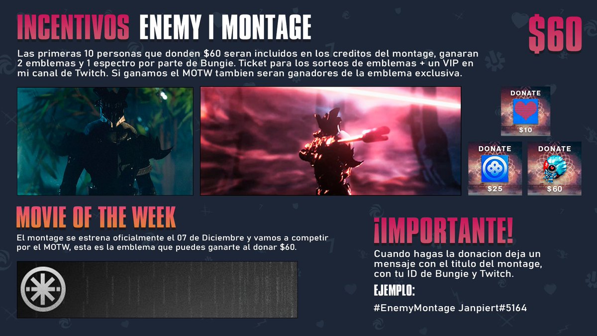 #EnemyMontage 07 de Diembre estrenaremos oficialmente el montage ENEMY by <a href="/4AStudios/">4A Studios</a>. Sera un stream muy especial, no falten!! 

Link de mi recaudacion: bungiefoundation.donordrive.com/participant/16…