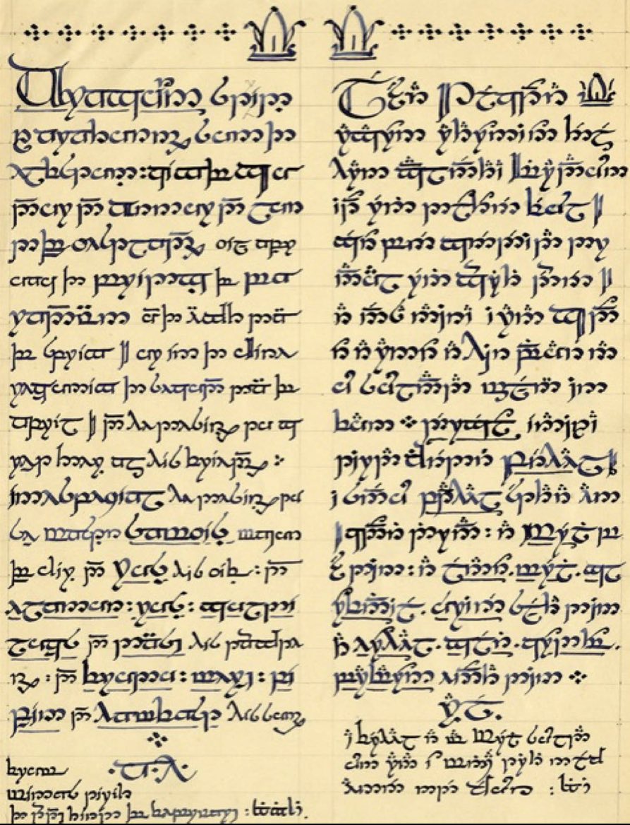 BugbearBrothers's tweet photo. JRR Tolkien’s letter from Aragorn, King of Gondor to Sam Gamgee, Mayor of the Shire, written in the Elvish script Tengwar, as part of an epilogue to LOTR which was never published. It makes me wonder how much lore of his world he kept to himself, never to see the light of day https://t.co/Y5AwH4mdjO