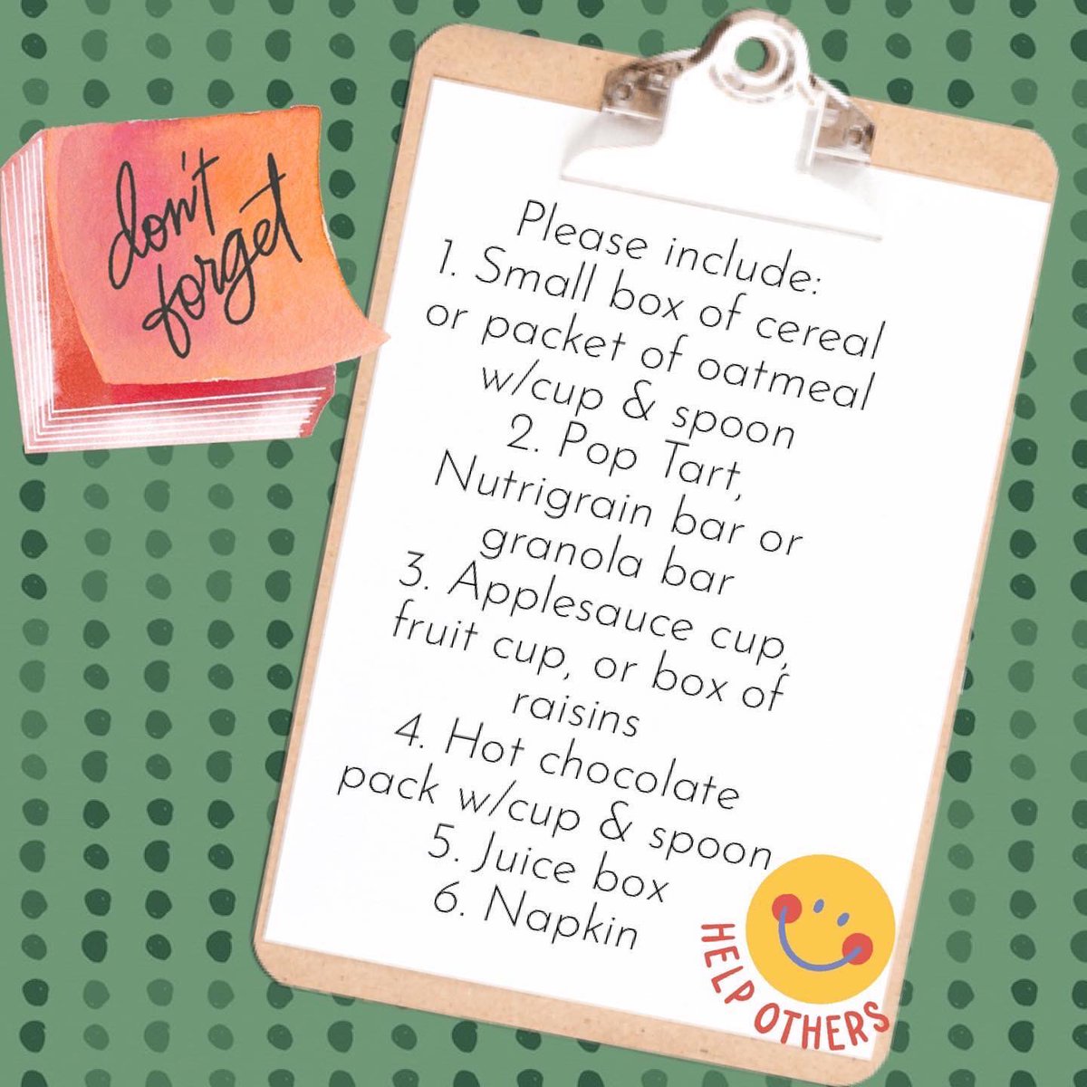 Hey, 7th &amp; 8th grade! Pack your Happy Helpers for the Homeless bagged breakfasts! Please do not pack fresh fruit or spoilables. Include a cheerful note/drawing &amp; brighten another kid’s day! #actsofservice #magrslade2022 #msgrsladefamilies #sladeclassof2023 #sladeclassof2024