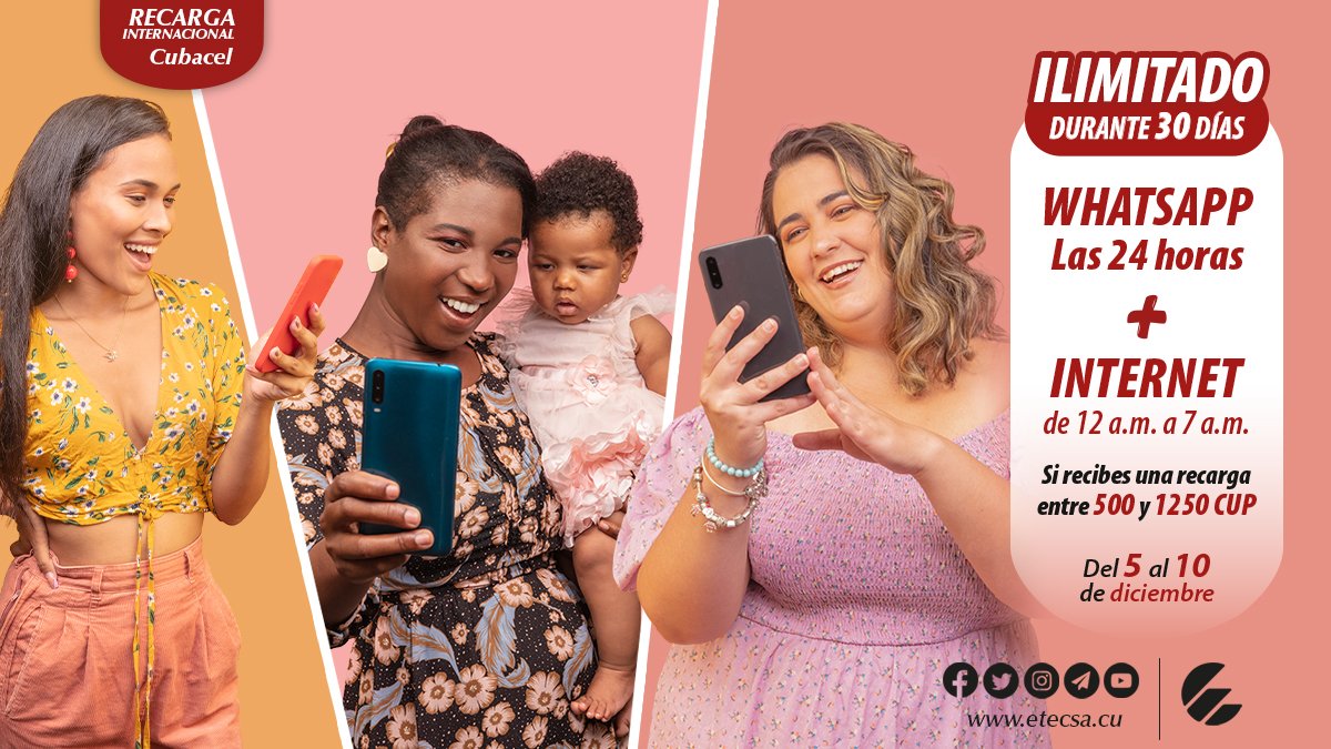 🥁 #Promoción de RECARGA Internacional del 5 al 10 de diciembre.
Si recibes 📲 una recarga internacional entre 500 y 1250 CUP, el monto va a tu saldo principal y además podrás disfrutar por 30 días de:
👉 WhatsApp GRATIS las 24h ➕ Internet ILIMITADO de 12am a 7am 😃🥳