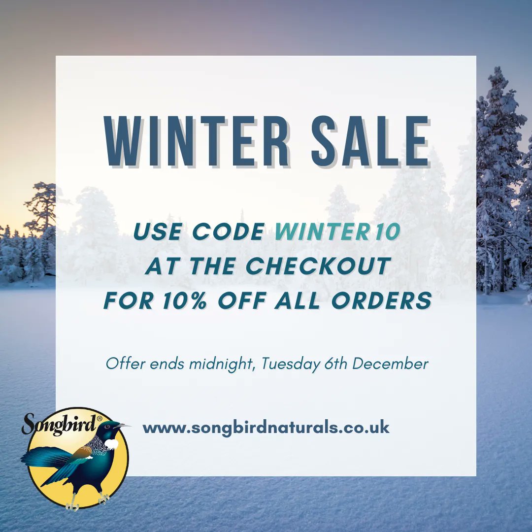 Flash Winter Sale: Use code ‘WINTER10’ at the checkout to get 10% off all orders until midnight on Tuesday 6th December.
Happy Massaging!

(Exclusions apply for certain items, including Cases of 12, Starter Packs and Tui Extreme Bug Spray) 

songbirdnaturals.co.uk