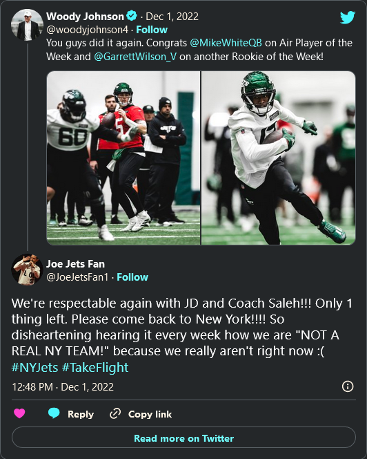 NYC. World Class City Without a World Class Domed Stadium??? WTF? <a href="/woodyjohnson4/">Woody Johnson</a> Bring the team back to New York and BE a REAL NEW YORK TEAM!!!!
#TakeFlight #NYJets 
Thank you <a href="/SenJoeAddabbo/">SenatorJoeAddabbo</a> 
si.com/nfl/2022/12/01…