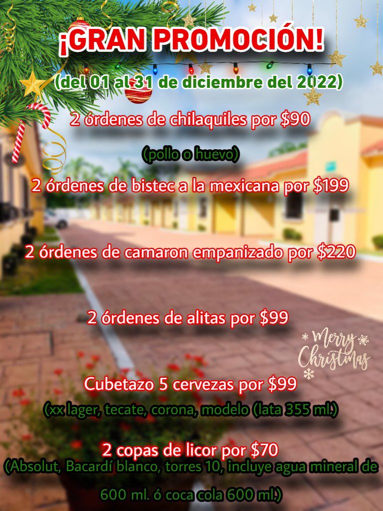 Ven a La hacienda y disfruta de nuestras promociones navideñas. 

Del 1 al 31 de diciembre del 2022.

📌Servicio de restaurante y bar las 24 horas.

📌Aceptamos tarjetas de débito y crédito. 

📌Nos ubicamos en carretera Villahermosa Teapa km13 a 15 minutos de Soriana Guayabal.