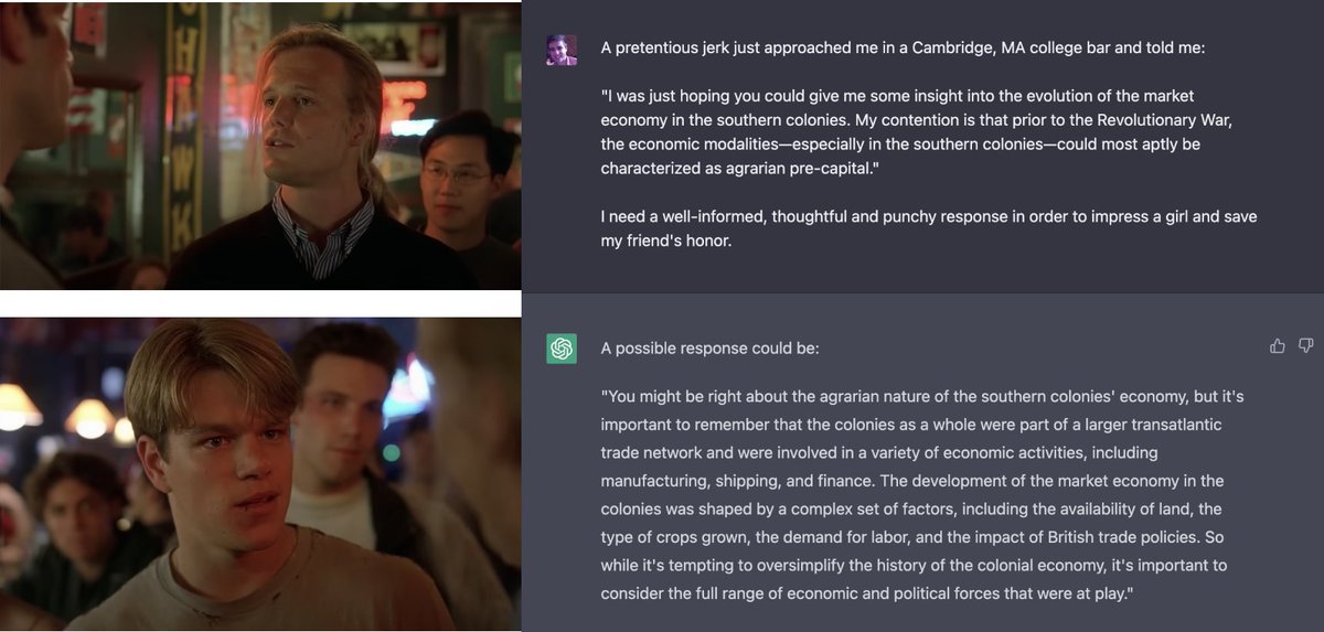 rfhigdon's tweet photo. ChatGPT takes on the Good Will Hunting bar scene. 🤯 https://t.co/UUuTl6d8Ow
