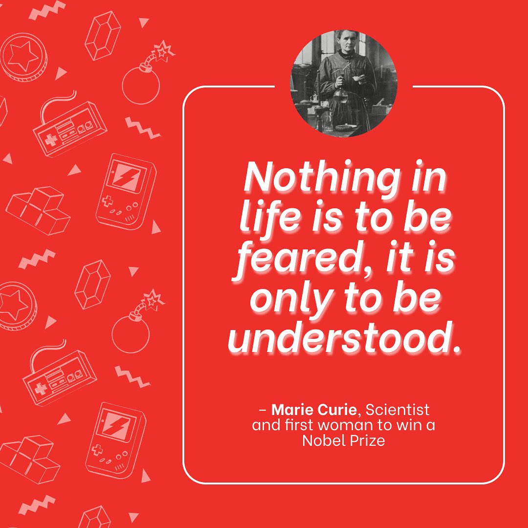 8bitcade's tweet photo. “Nothing in life is to be feared, it is only to be understood. Now is the time to understand more, so that we may fear less.”

- Marie Curie, Scientist and First Woman to win a Nobel Peace Prize 

#quote #quoteoftheday https://t.co/UAbNFBLHPe