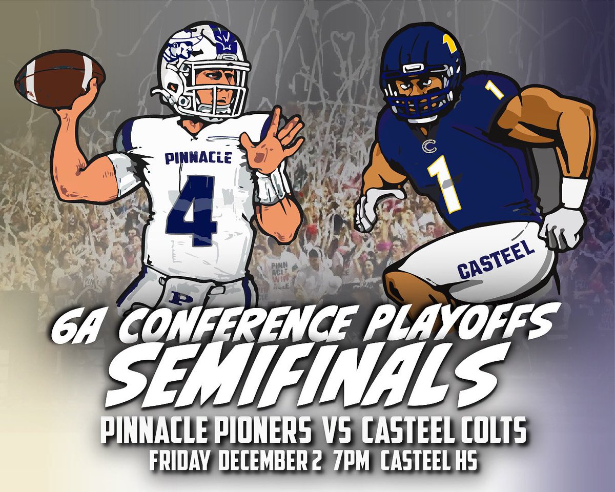 PinnaclePioneer's tweet photo. Tomorrow night, join the Pinnacle Pioneers for the 6A Conference State Playoffs SemiFinals against the Casteel Colts!
#4 Pinnacle Pioneers vs #1 Casteel Colts
Casteel High School 7PM
#Now #Pinnacle #Pioneers #Football #DefendTheCore https://t.co/CSByfZypCq