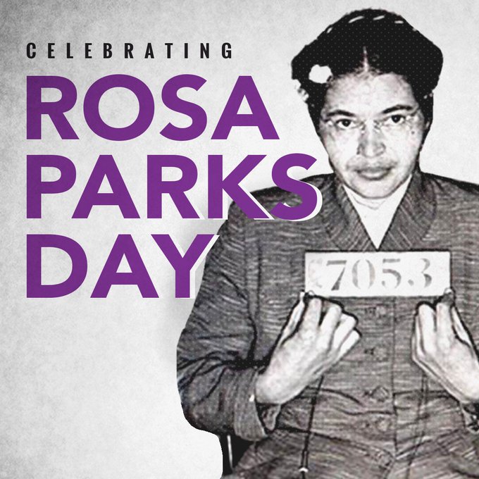 [Black and white photo of Rosa Parks' mugshot in which she's holding a card with the numbers "7053"] Celebrating Rosa Parks Day