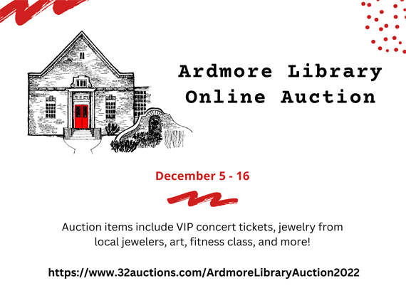ArdmoreLibrary's tweet image. If you missed our Stories in the Stacks silent auction, check out our online auction Dec 5 - 16, featuring additional items not seen in-person!
32auctions.com/ArdmoreLibrary…