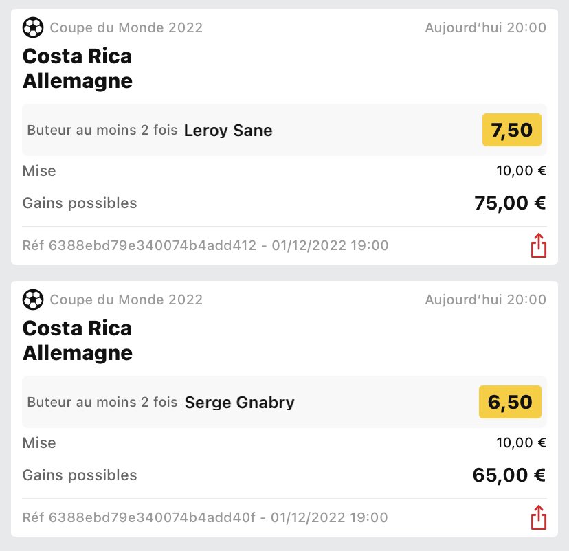 FloProno_'s tweet photo. #FIFAWorldCup 

🔸 Sané @ 2,06 • 10€ 
🔸 Sané x2 @ 7,50 • 10€
🔸 Gnabry @ 2,05 • 10€
🔸 Gnabry x2 @ 6,50 • 10€
🔸 Gnabry + Sané +2,5 @ 7,5 • 10€ 

#TeamParieur https://t.co/zOutivNCQX