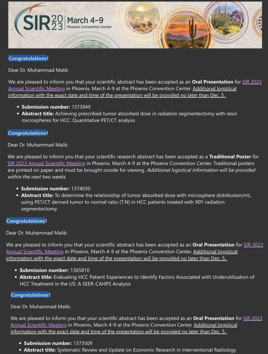 Under mentorship of <a href="/AmmarSarwarIRad/">AmmarSarwarIRad</a>, looking forward to sharing our work from <a href="/BIDMCVIR/">BIDMC Vascular & Interventional Radiology</a> at #SIR23PHX! Special thanks to the team - <a href="/MuhammadMohidT/">Muhammad Mohid Tahir</a> <a href="/KnightsOfNhi/">Nhi H. Vo, MD</a> <a href="/juliecbulman/">Julie Bulman, MD</a> <a href="/MuneebAhmedIR/">Muneeb Ahmed</a>, <a href="/michaelpcurry/">Michael Curry</a>, Drs. Weinstein, Parker, Novack, Craig Ou, and more <a href="/BIDMChealth/">BIDMC</a>!